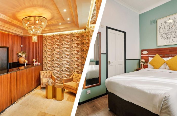Split photo showing the lobby of huttons hotel in london and a double room