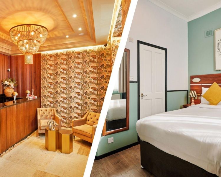Split photo showing the lobby of huttons hotel in london and a double room