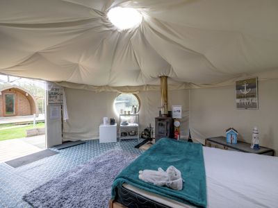 inside the yurt at back of beyond glamping in dorset