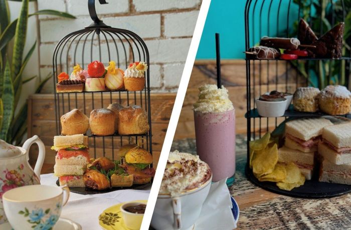 Split photo showing the adult afternoon tea and kids afternoon tea at the pudding pantry