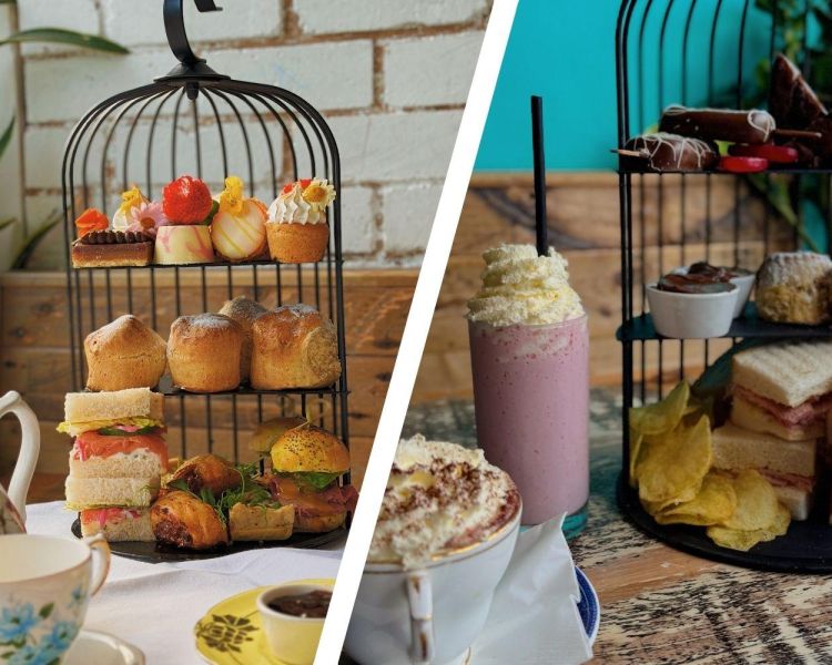 Split photo showing the adult afternoon tea and kids afternoon tea at the pudding pantry
