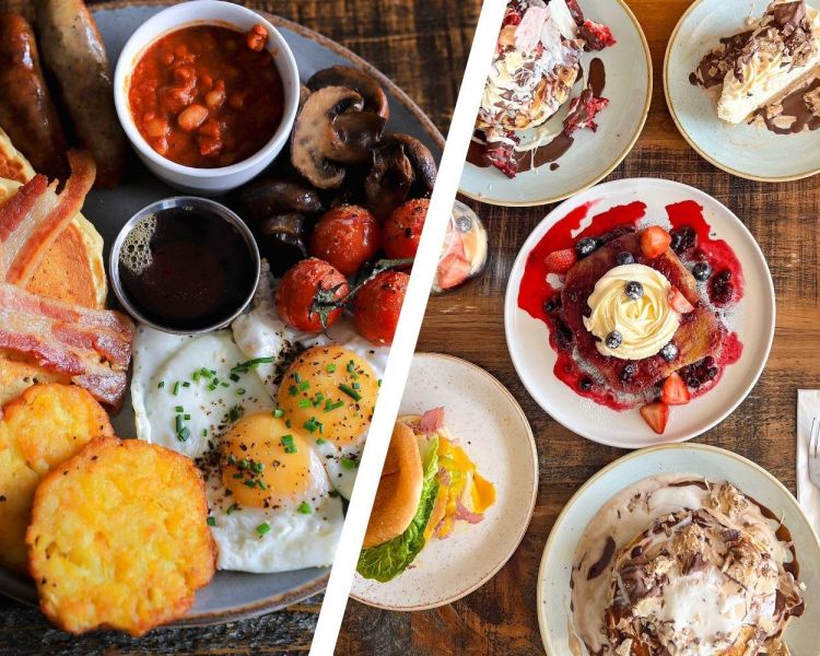 Split photo of an english breakfast and puddings for brunch at the pudding pantry in nottingham