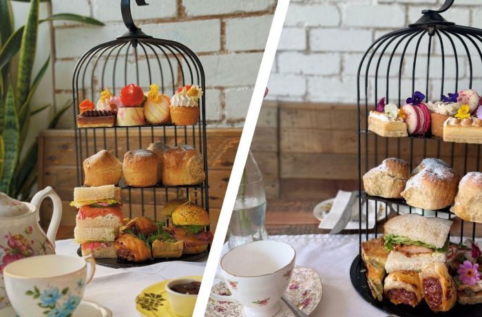 Split photo showing the types of afternoon tea at the pudding pantry