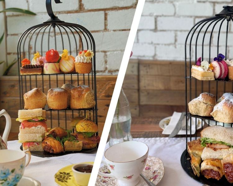 Split photo showing the types of afternoon tea at the pudding pantry