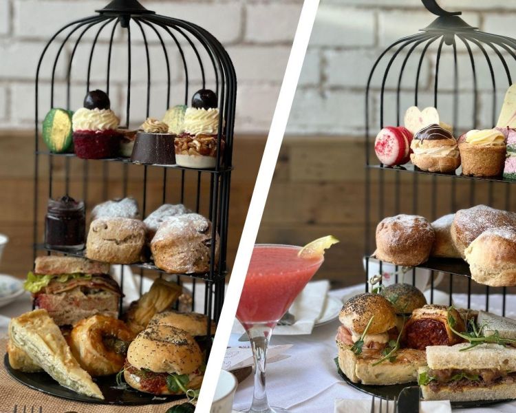 Split photo of two themed afternoon teas at the pudding pantry in nottingham