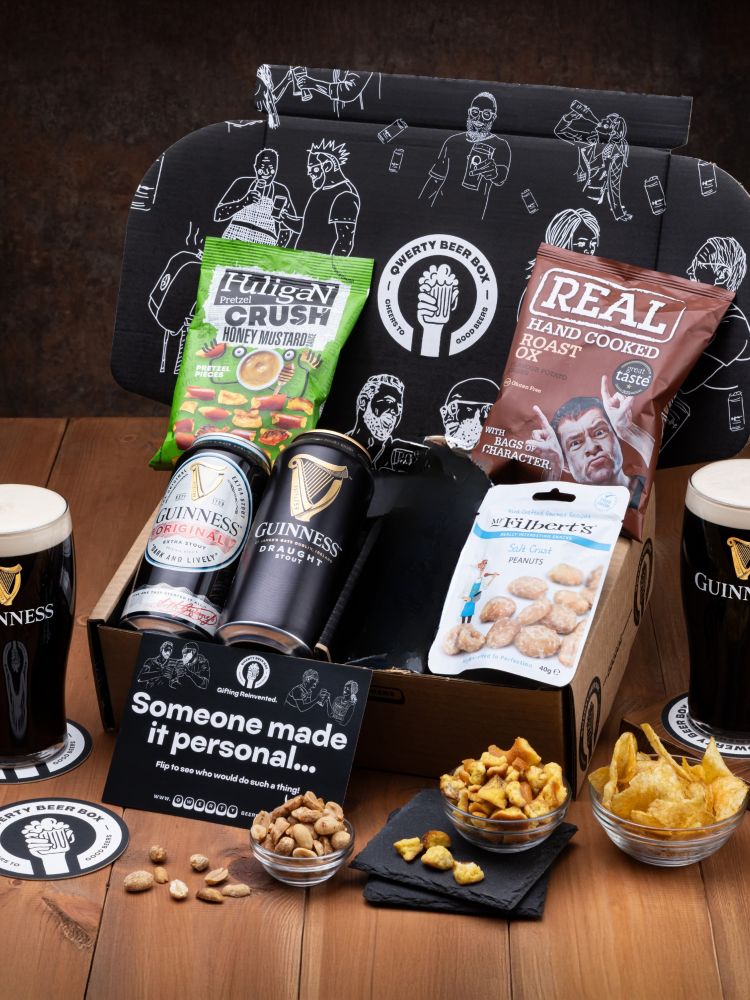Irish stout gift box with snacks and guinness glass