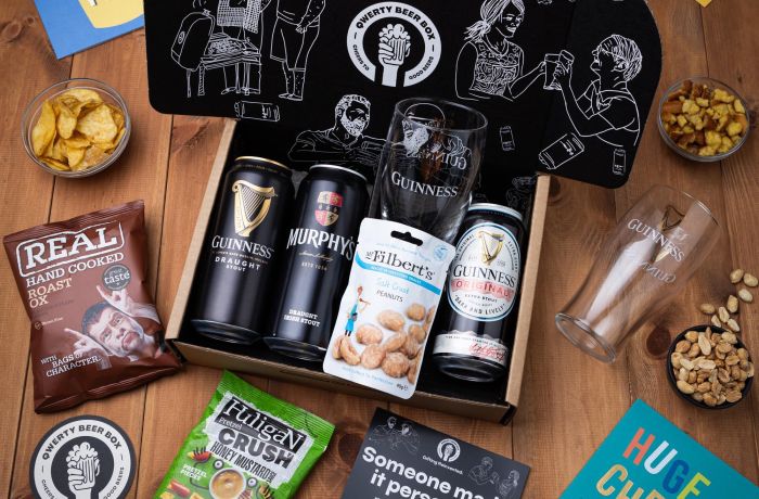 Irish stout beer gift box with snacks and guinness glass