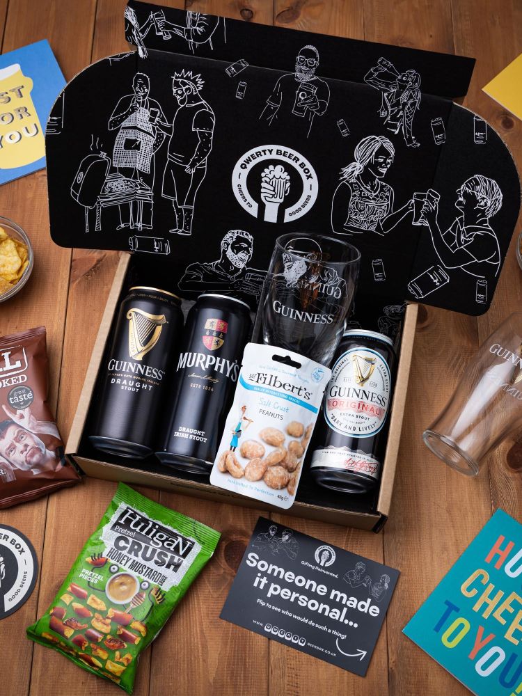 Irish stout beer gift box with snacks and guinness glass