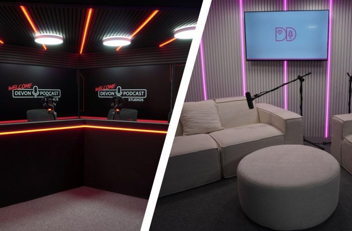 Split photo showing two different podcast studios