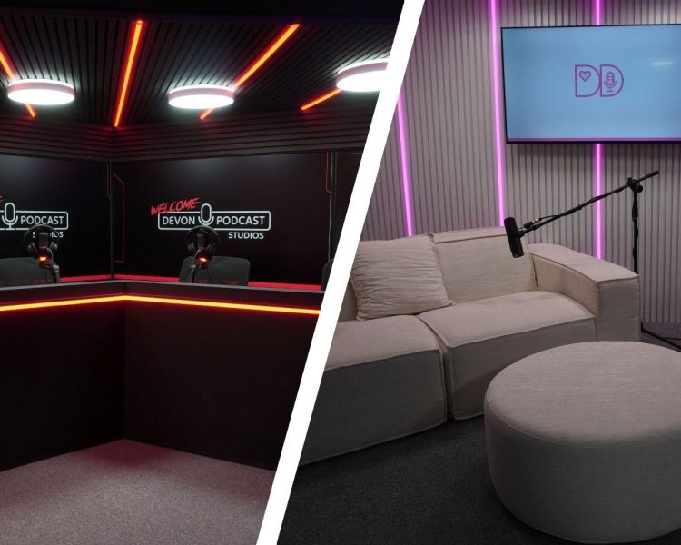Split photo showing two different podcast studios