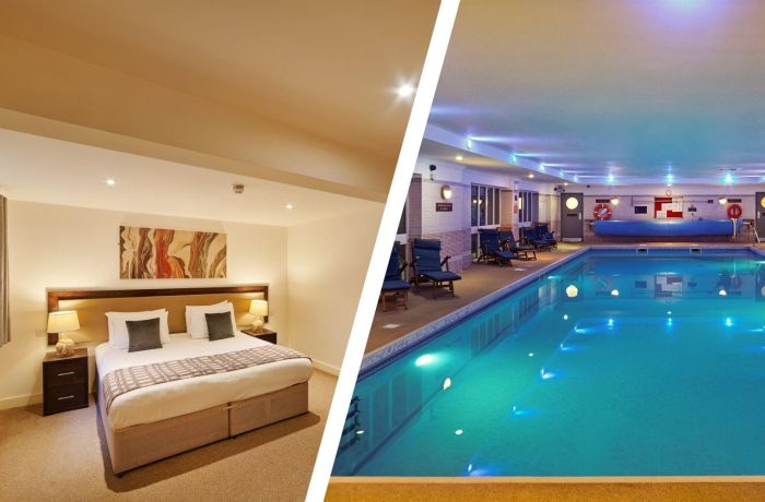 Split photo showing double room and swimming pool at the barn hotel and spa in grantham