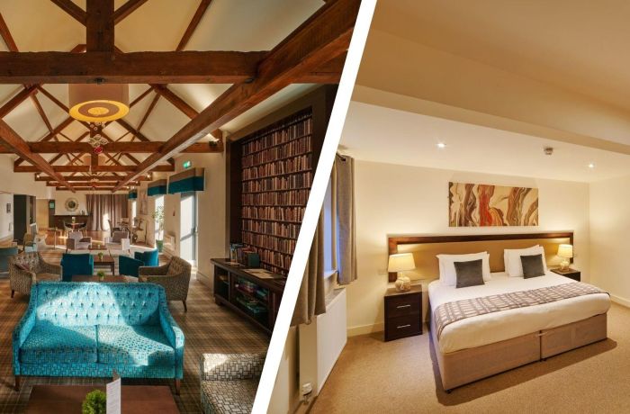 Split photo a double bedroom and lounge area of the barn hotel and spa in grantham