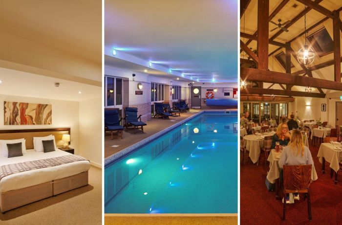 Split photo showing a double room and swimming pool and restaurant at the barn hotel and spa in grantham
