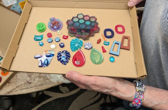 selection of resin art items made on a one day course in somerset