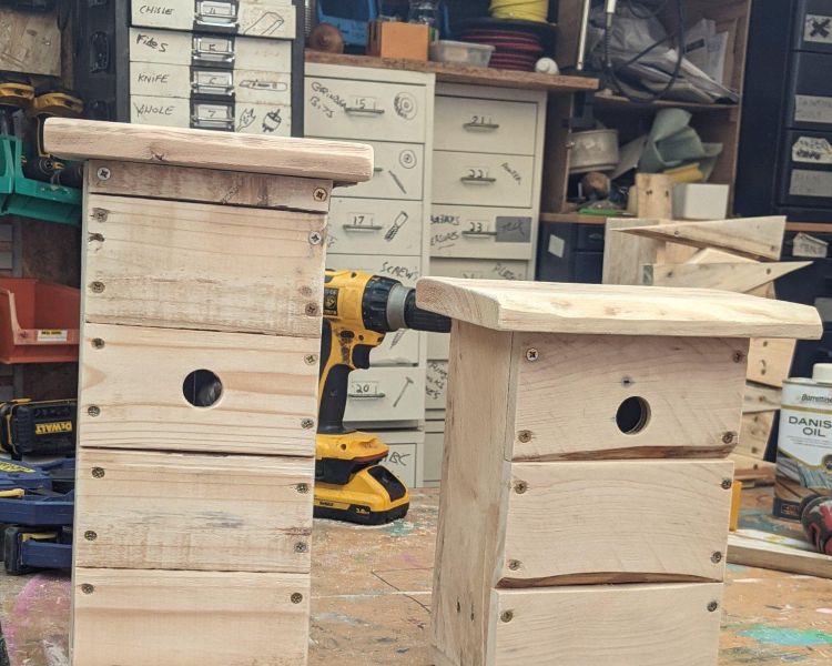 bird boxes made from wood offcuts on a one day course in somerset