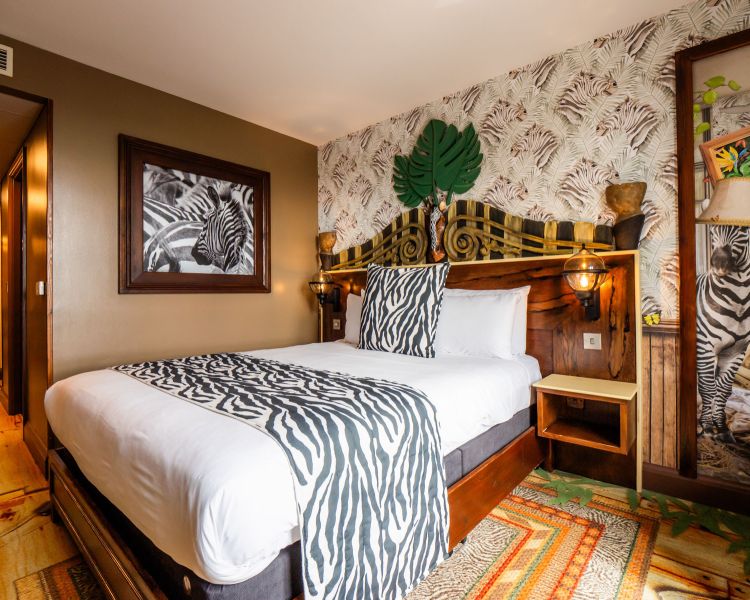 the zebra themed room in safari hotel at chessington world of adventures
