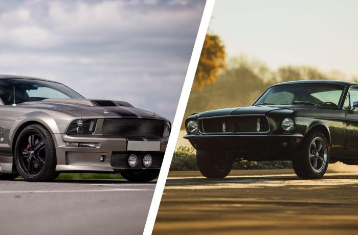 Split photo showing a ford mustang bullitt and ford eleanor mustang