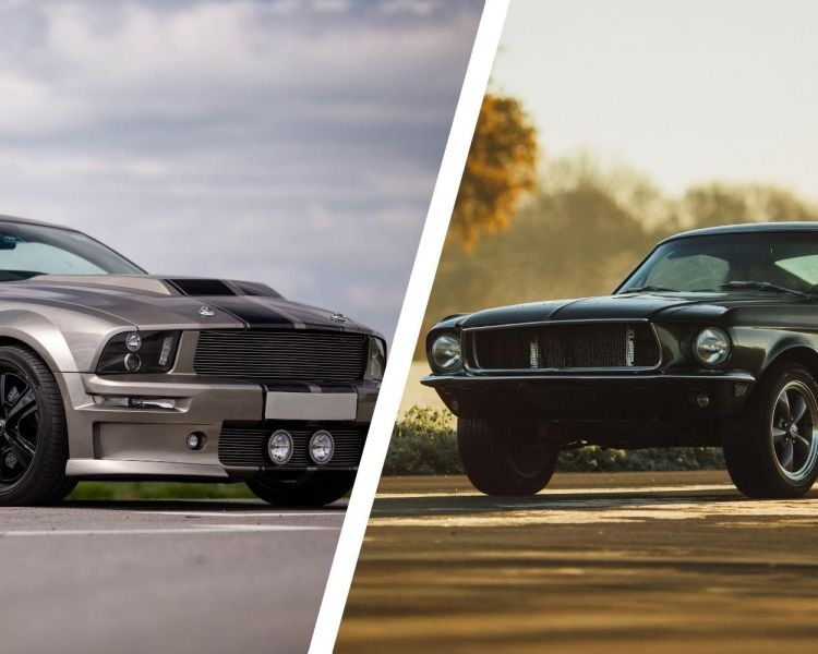 Split photo showing a ford mustang bullitt and ford eleanor mustang