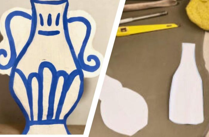 Split photo showing a finished flat ceramic vase and the work in progress