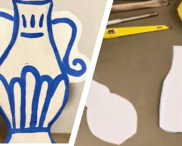 Split photo showing a finished flat ceramic vase and the work in progress