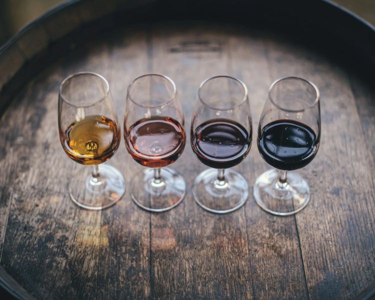 Glasses of wine for tastings at a vineyard