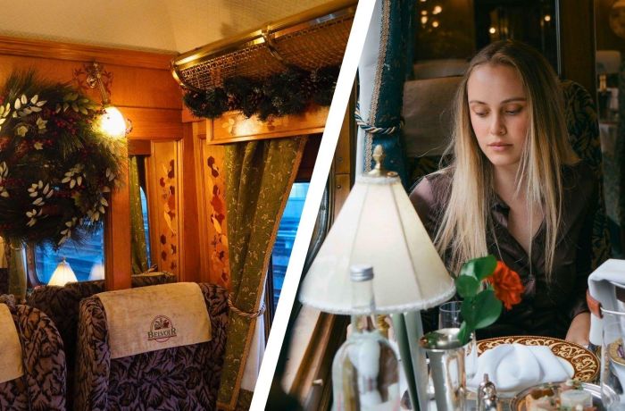Split photo showing northern belle train decorated for christmas and woman sitting at table by window on train