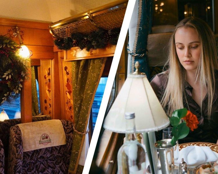 Split photo showing northern belle train decorated for christmas and woman sitting at table by window on train