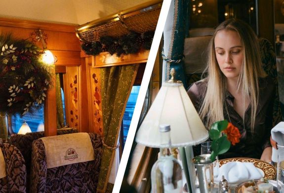 Split photo showing northern belle train decorated for christmas and woman sitting at table by window on train