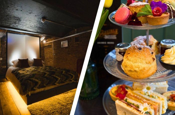 Split photo showing basement room and afternoon tea at impossible york