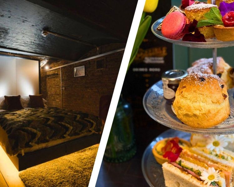 Split photo showing basement room and afternoon tea at impossible york