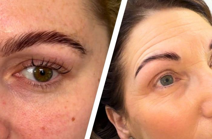 Split photo showing ladies with brow lamination and korean lash lift treatments