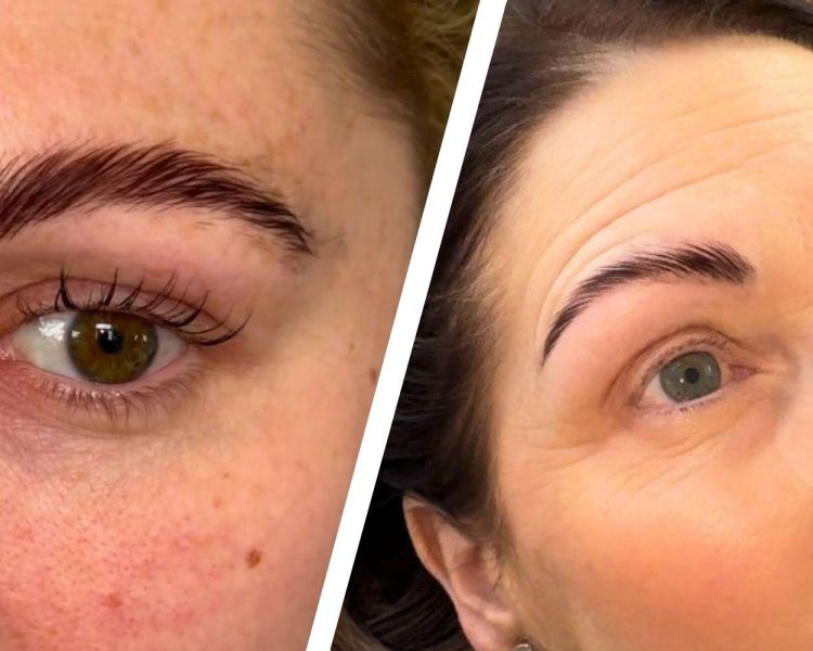 Split photo showing ladies with brow lamination and korean lash lift treatments