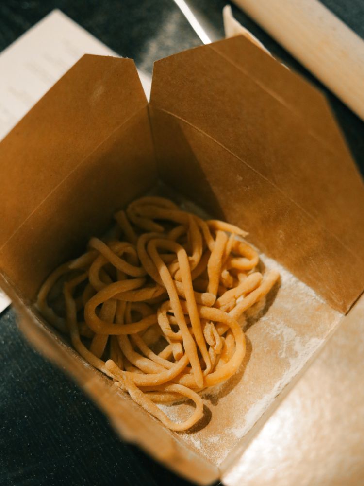 Fresh pasta in a box made at pasta making class