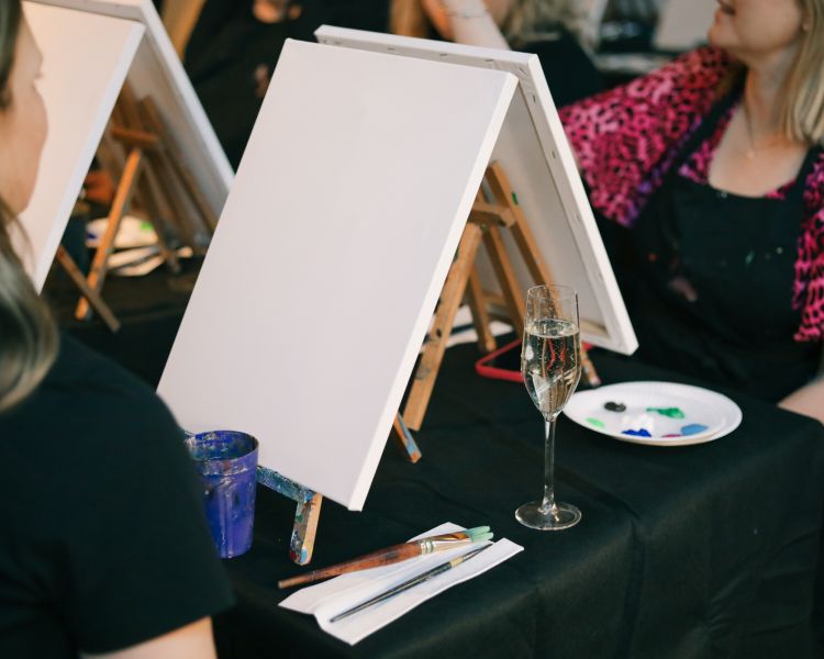Ladies at paint and sip event with glass of prosecco