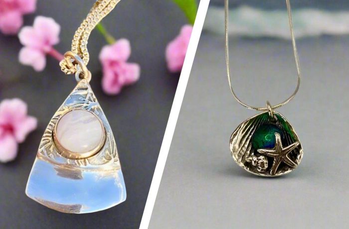 Split photo showing silver pendants with stone settings