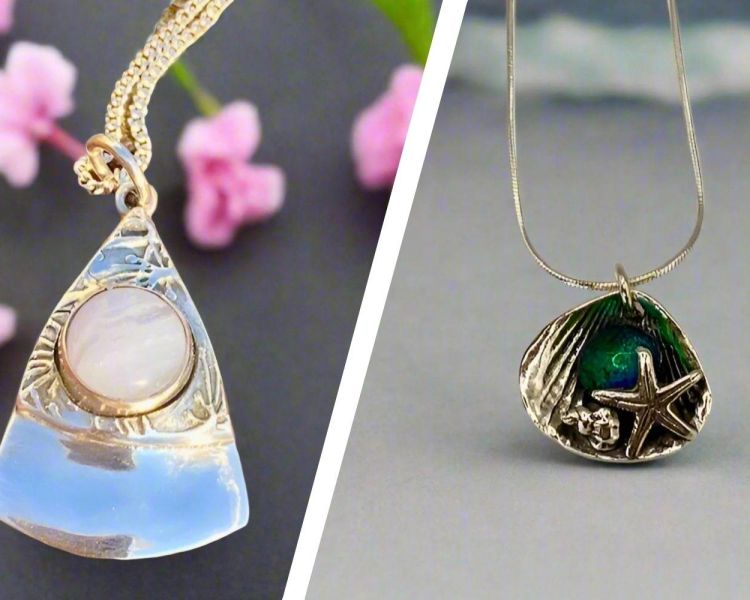 Split photo showing silver pendants with stone settings
