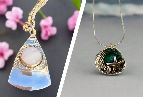 Split photo showing silver pendants with stone settings