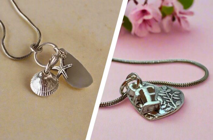 Split photo showing silver necklaces with pendants made from silver clay