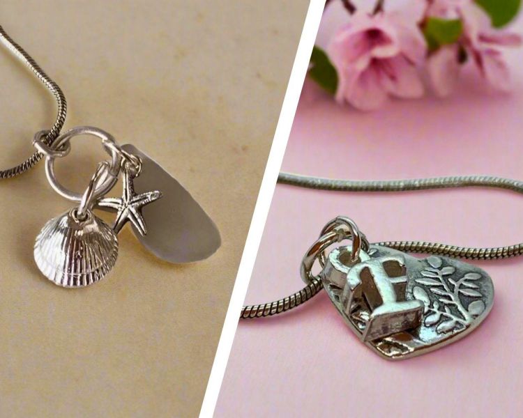 Split photo showing silver necklaces with pendants made from silver clay