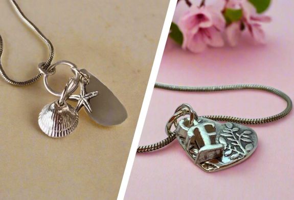 Split photo showing silver necklaces with pendants made from silver clay