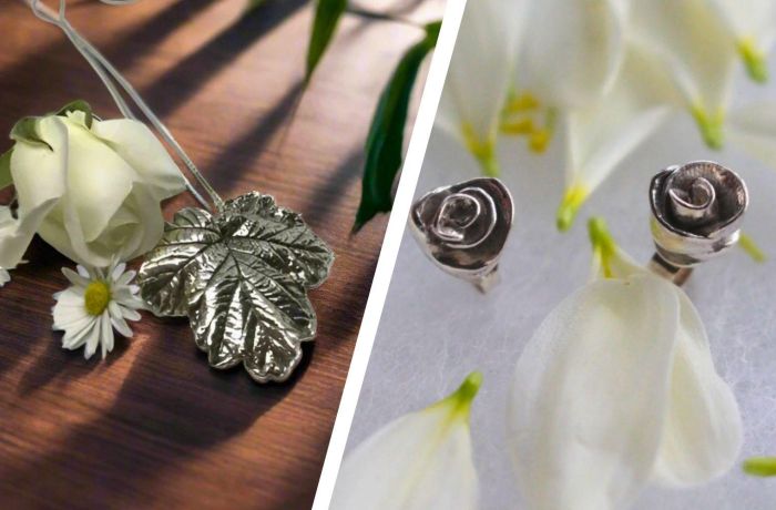 Split photo showing a silver necklace and earrings made from silver clay