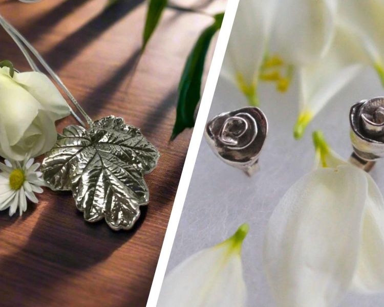 Split photo showing a silver necklace and earrings made from silver clay
