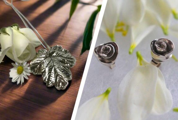 Split photo showing a silver necklace and earrings made from silver clay