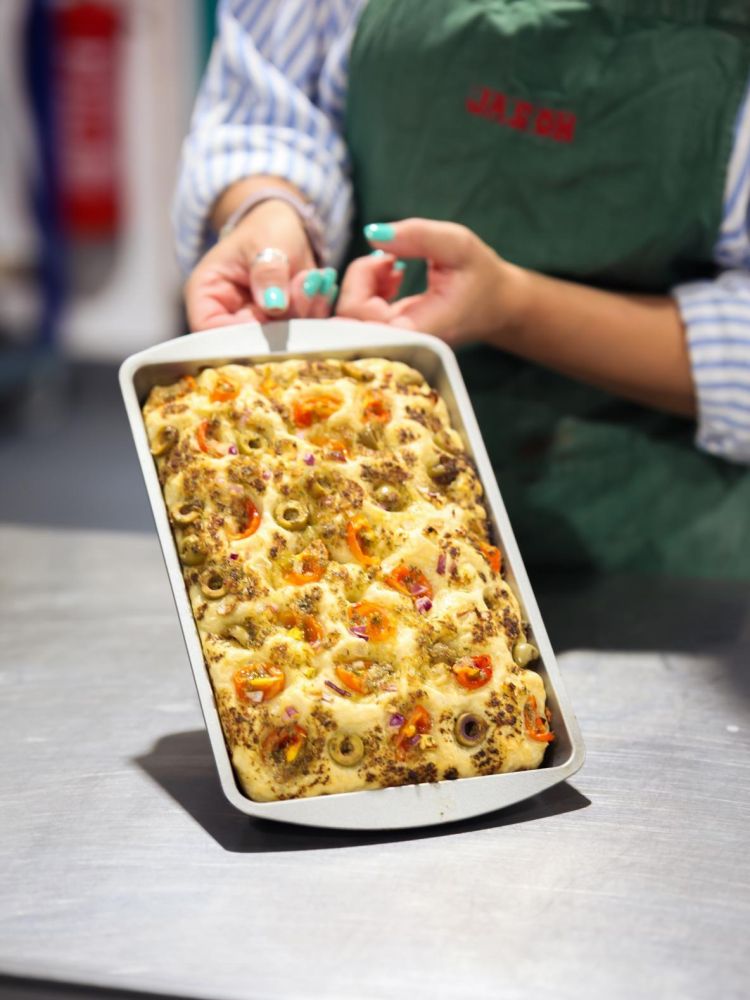 focaccia stuffed with red onion and tomato made on continental bread making workshop