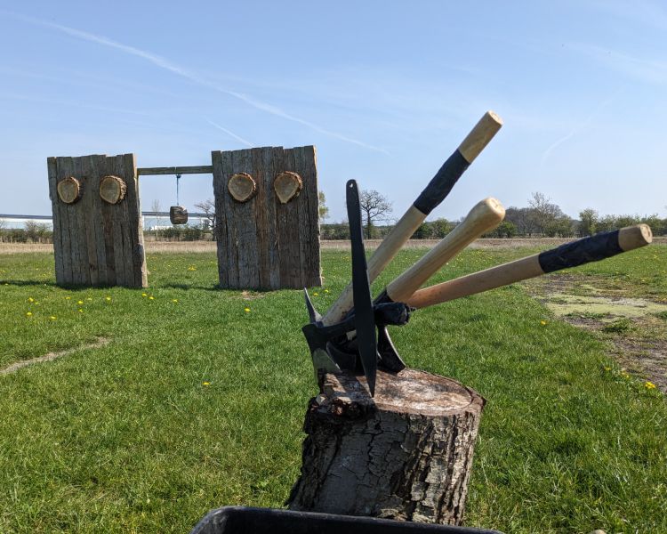 axes in a tree stump with wooden targets in background