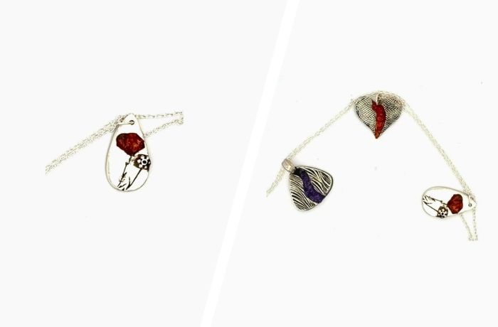Split photo showing a silver necklace and bracelet with gemstone inlays