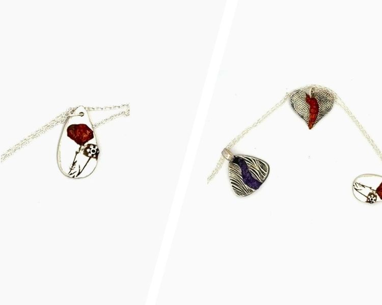 Split photo showing a silver necklace and bracelet with gemstone inlays