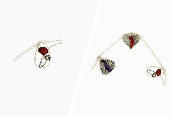 Split photo showing a silver necklace and bracelet with gemstone inlays