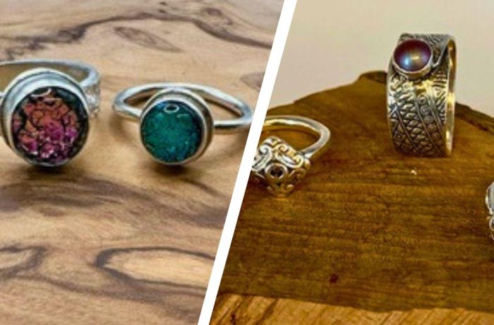 Split photo showing silver rings with gemstones