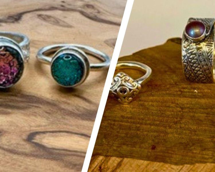 Split photo showing silver rings with gemstones
